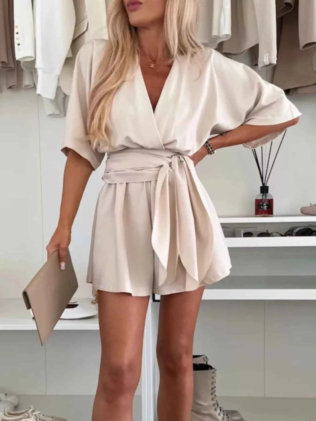 Full Size Surplice Tie Waist Romper Plus Size.
