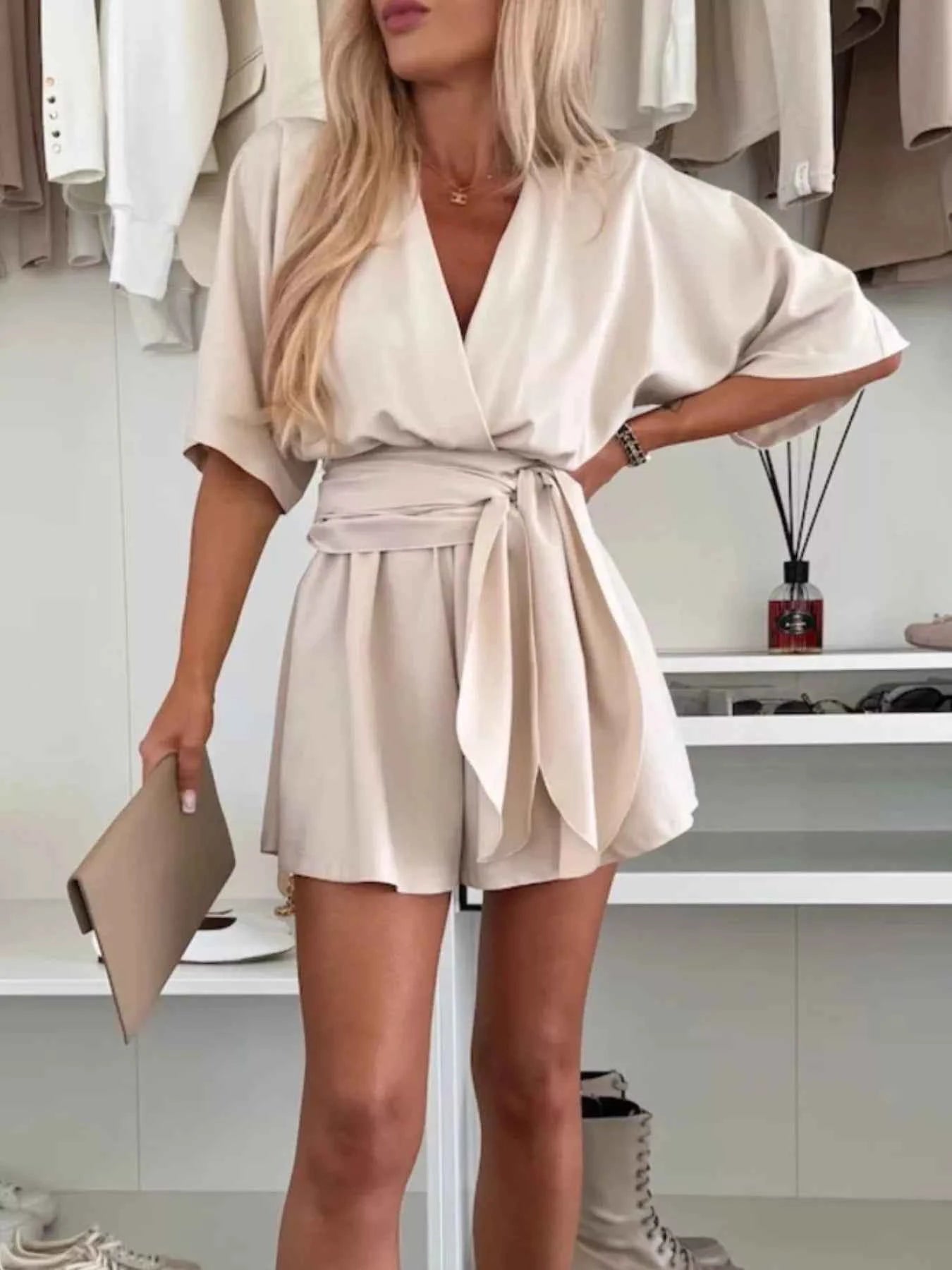 Full Size Surplice Tie Waist Romper Plus Size.