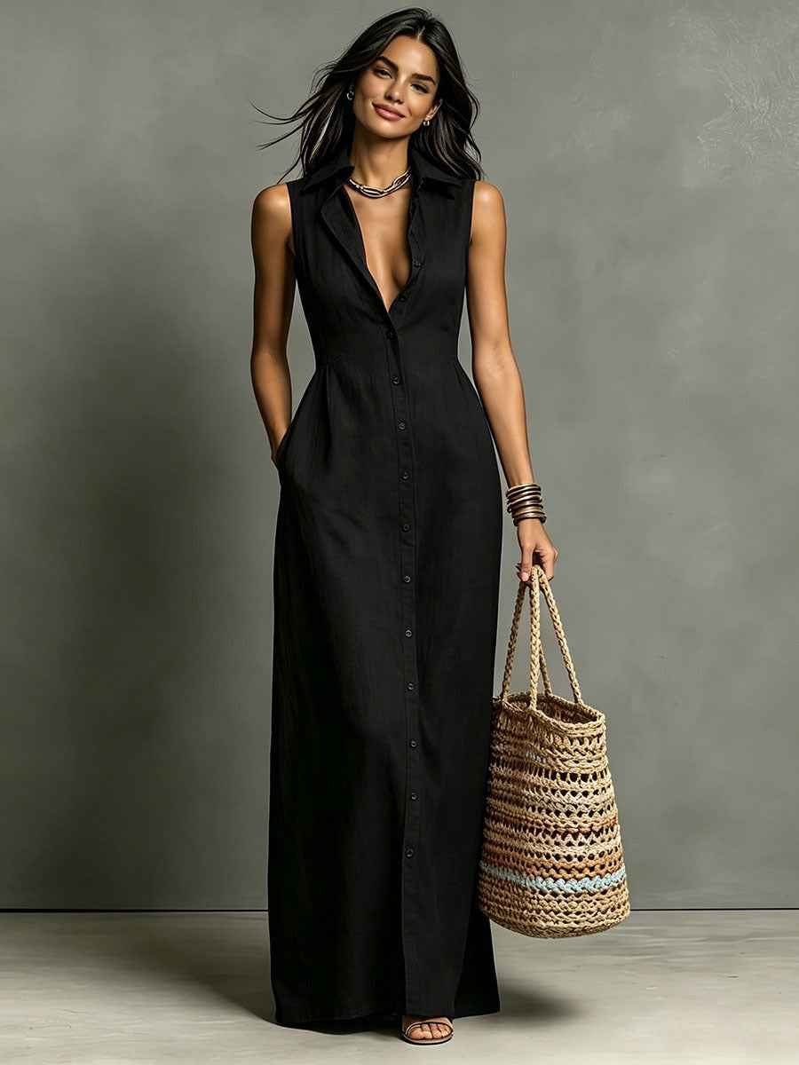 Casual Cotton Linen Bag-Sleeveless Solid Color Dress