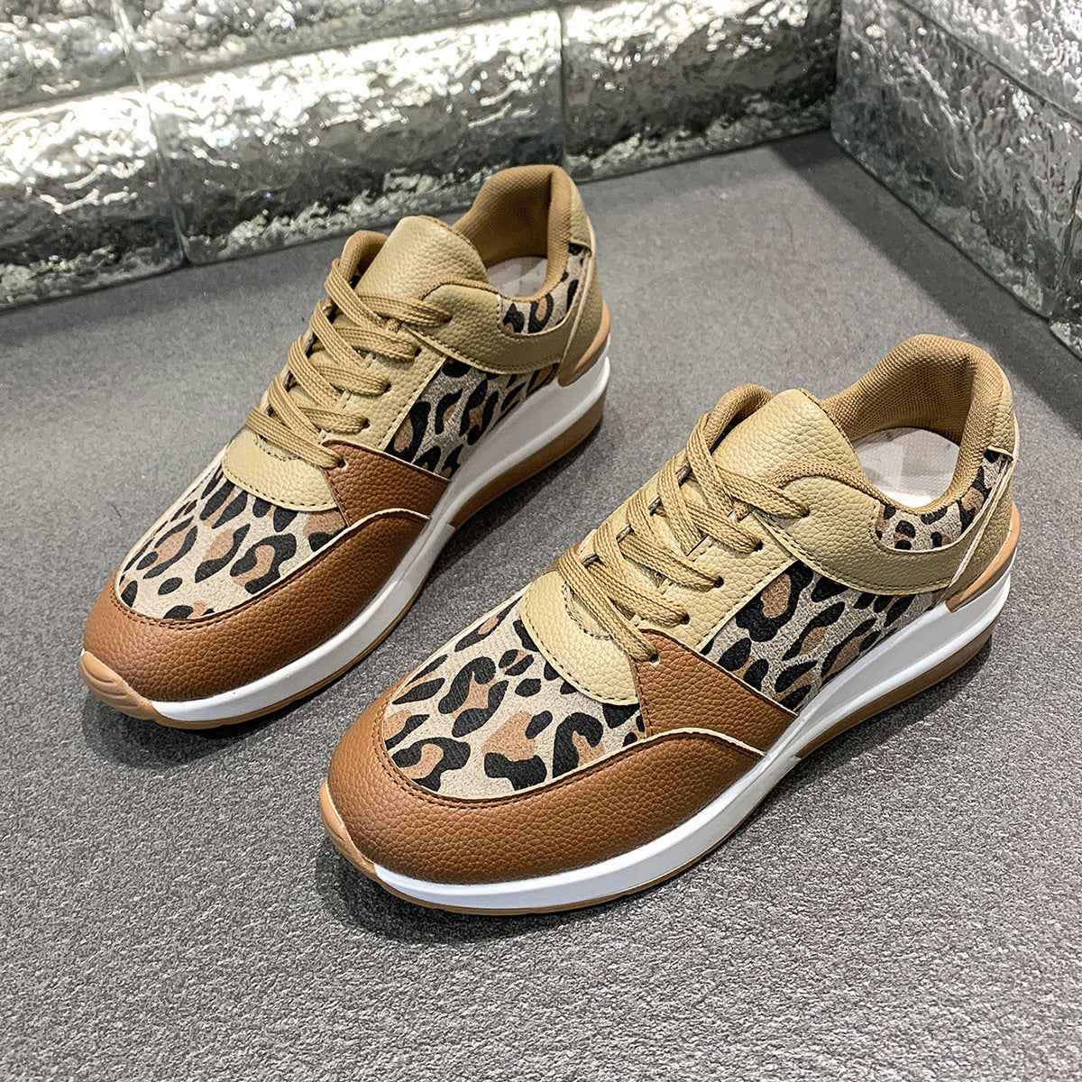 New Womens Leopard-Print Lace-Up Wedge Sneakers With Chunky Sole