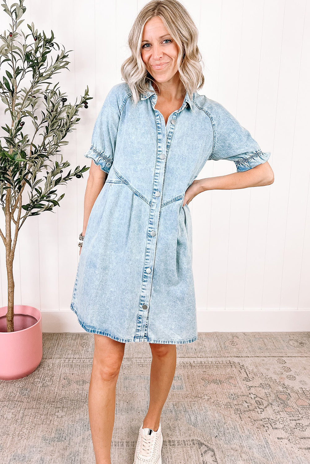 Beau Blue Mineral Wash Ruffled Short Sleeve Buttoned Denim Dress Dear-Lover Dropshipping