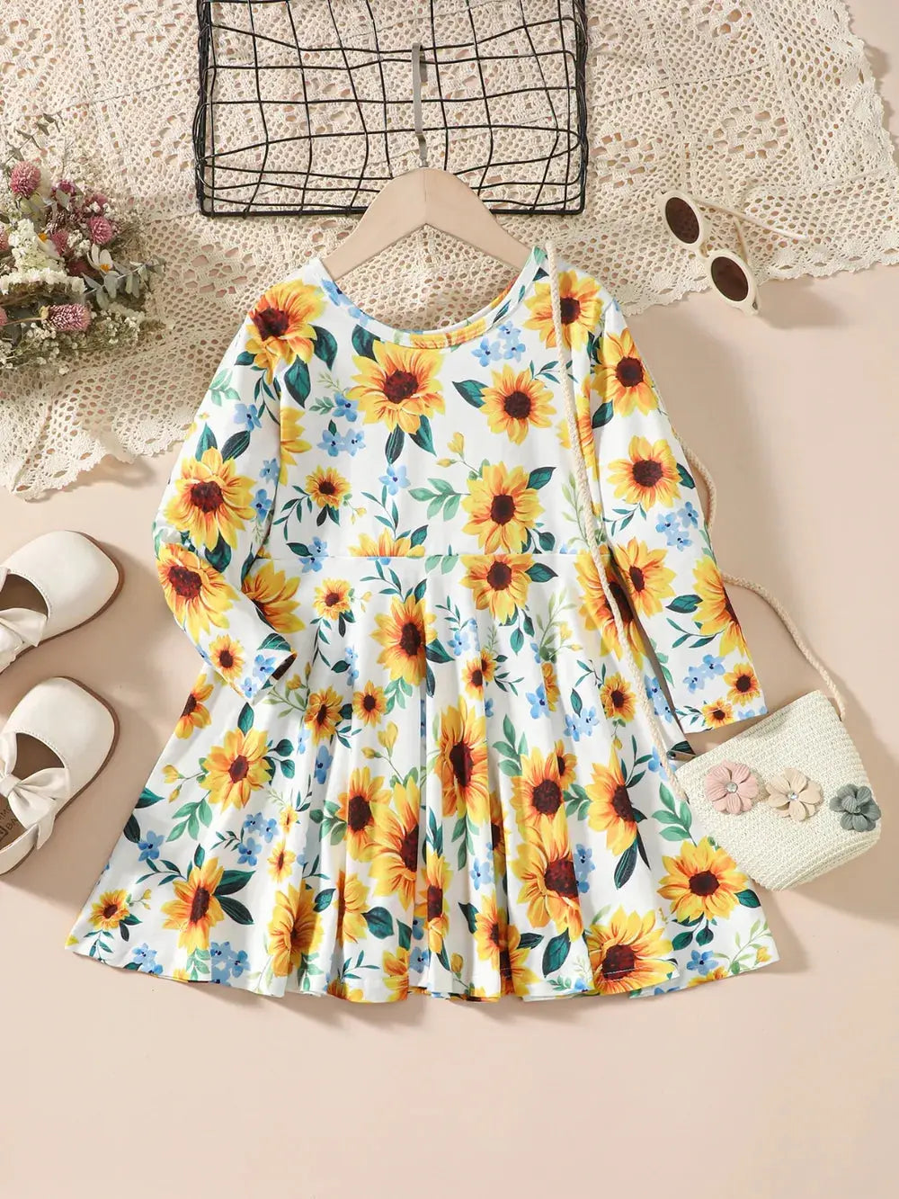Kids Sunflower Print Round Neck Long Sleeve Dress.