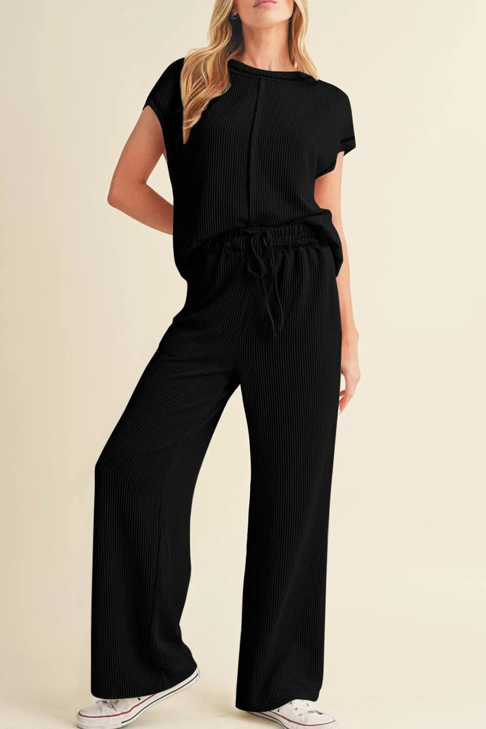 Solid Color Corded Short Sleeve Top and Casual Pants Set.