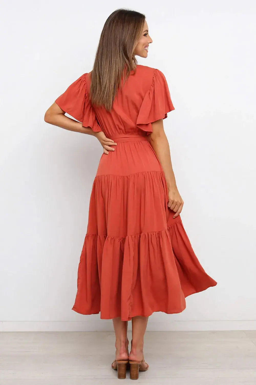 Tied Tiered Short Sleeve Midi Dress.