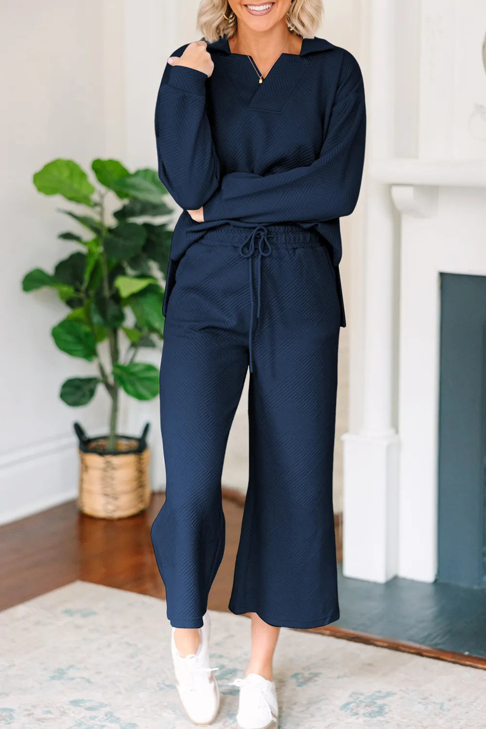 Textured Collared Neck Top and Wide Leg Pants Set.