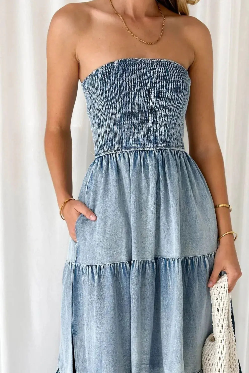Smocked Tube Slit Tiered Denim Dress.
