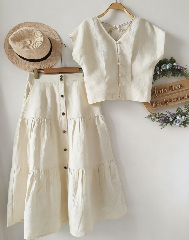 V-neck Button-down Sleeveless Top And High-waisted Skirt Set For Women
