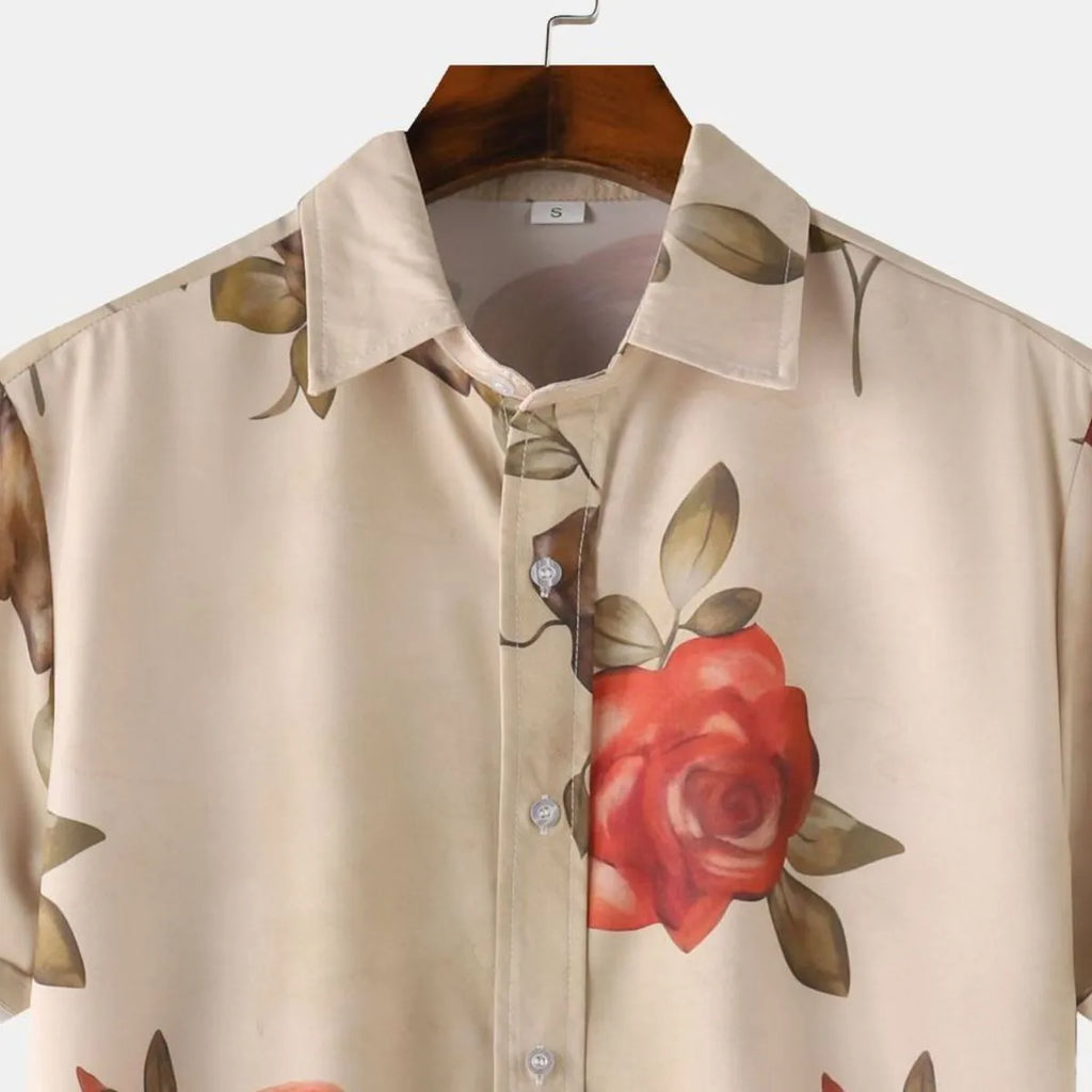 Men's Rose Print Short Sleeve Button Down Shirt, Miami style men shirt.