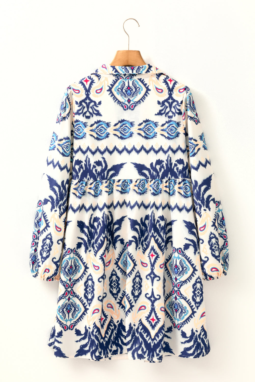 Blue Ethnic Print Striped Split Neck Long Sleeve Flowy Mini Dress Dear-Lover Dropshipping