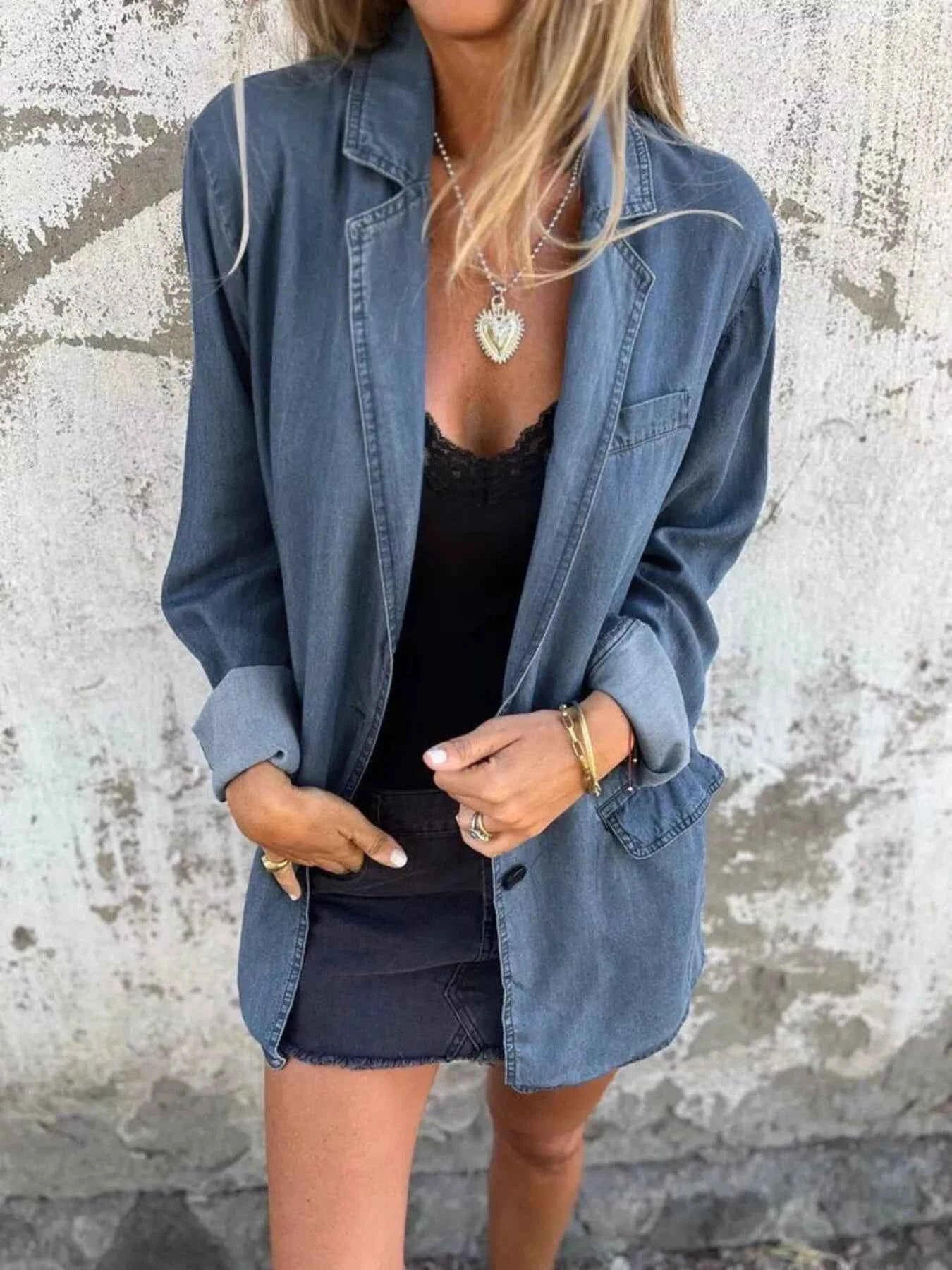 Full Size Button Down Denim Blazer Plus Size