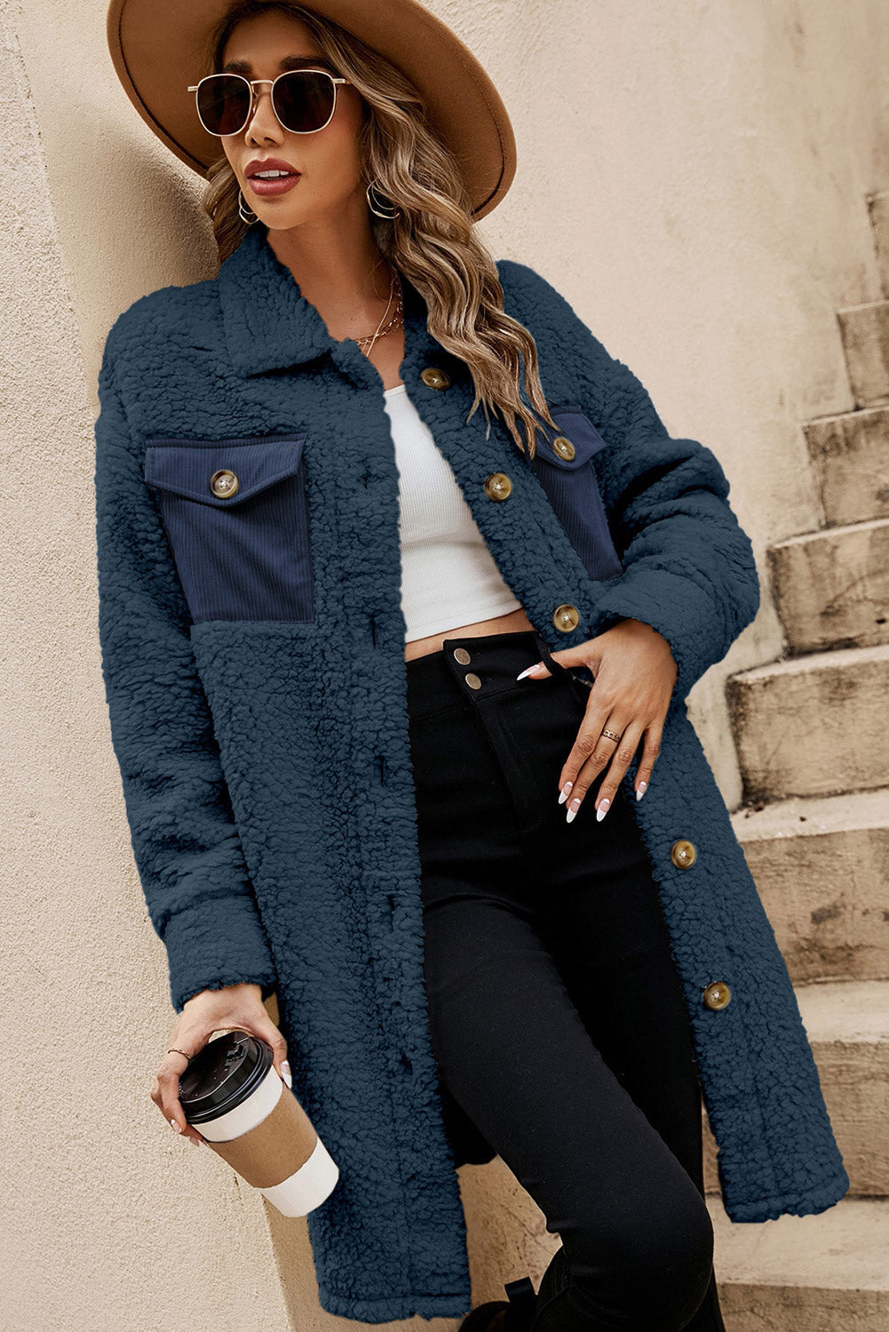 Blue Contrast Flap Pocket Single Breasted Teddy Coat Dear-Lover Dropshipping