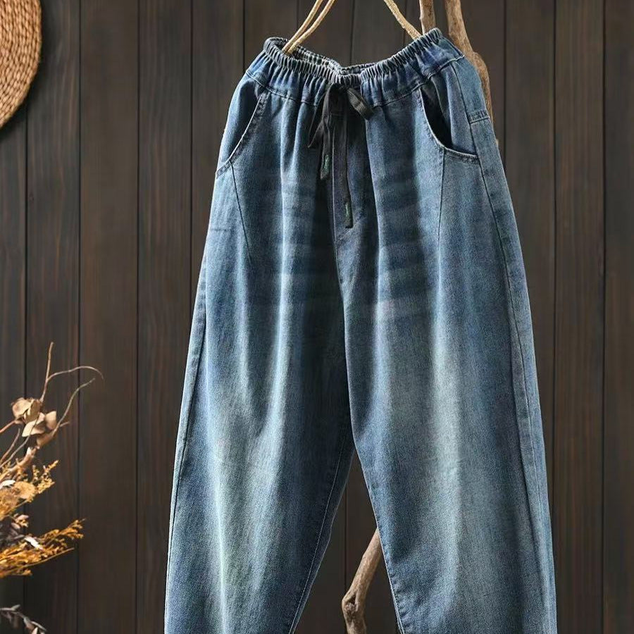 Thin Blue Denim Harem Pants for Women, Loose and Slimming Casual Nine-Point Pants