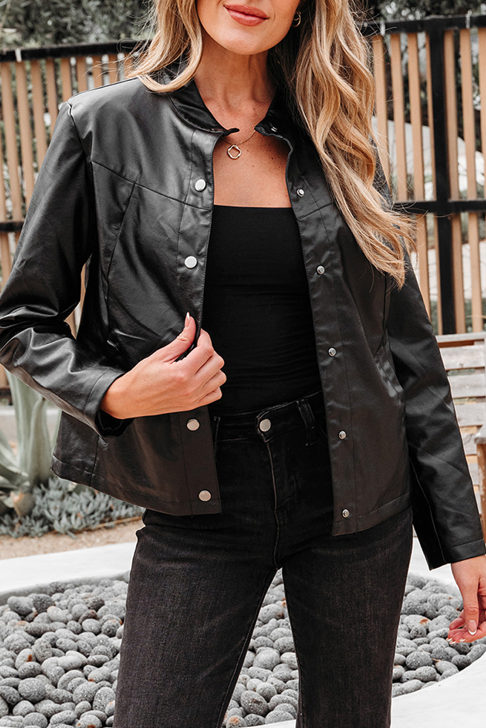 Black Faux Leather Buttoned Front Boxy Jacket Dear-Lover Dropshipping