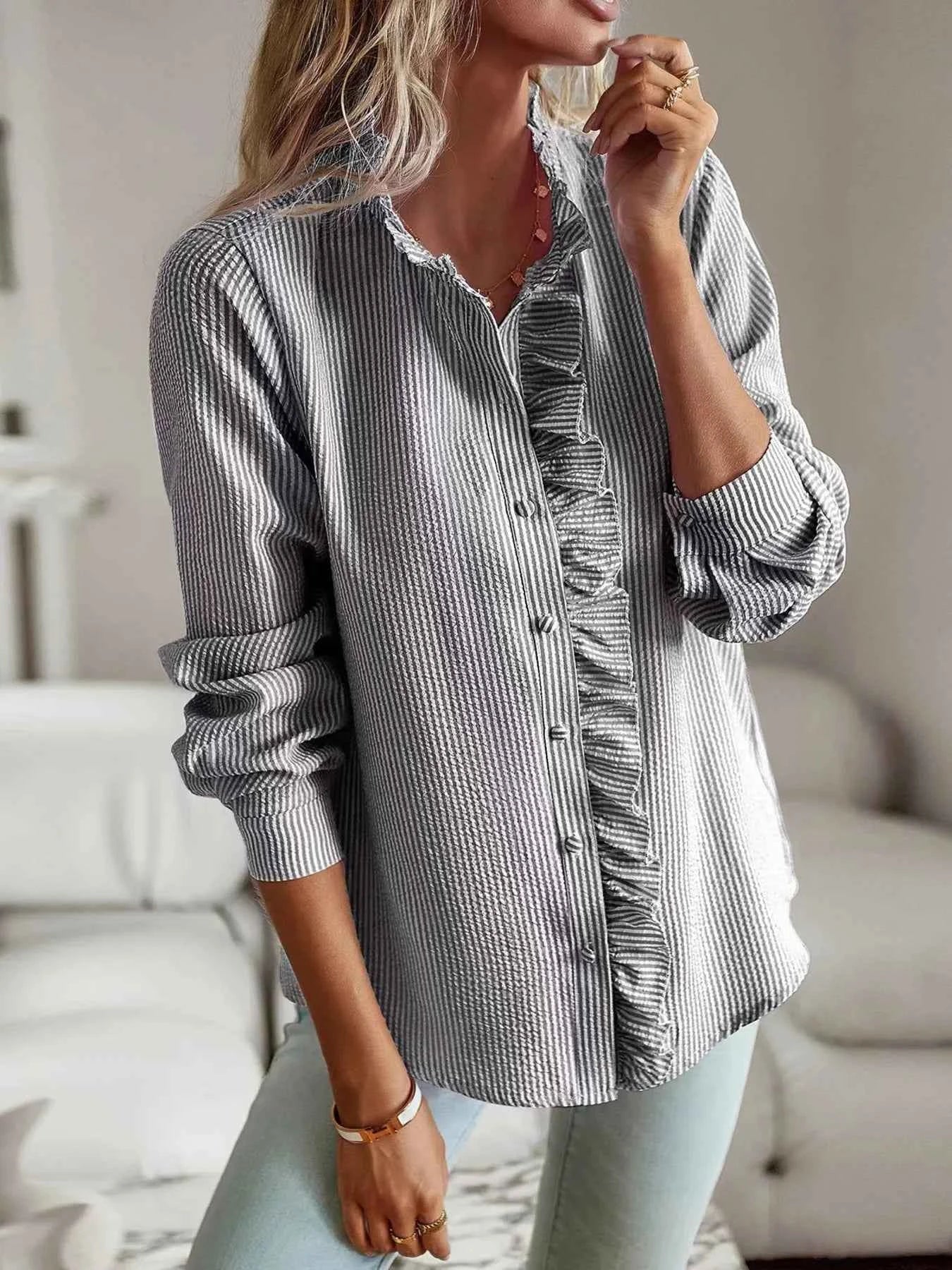 Striped Ruffle Detail Button-Up Blouse
