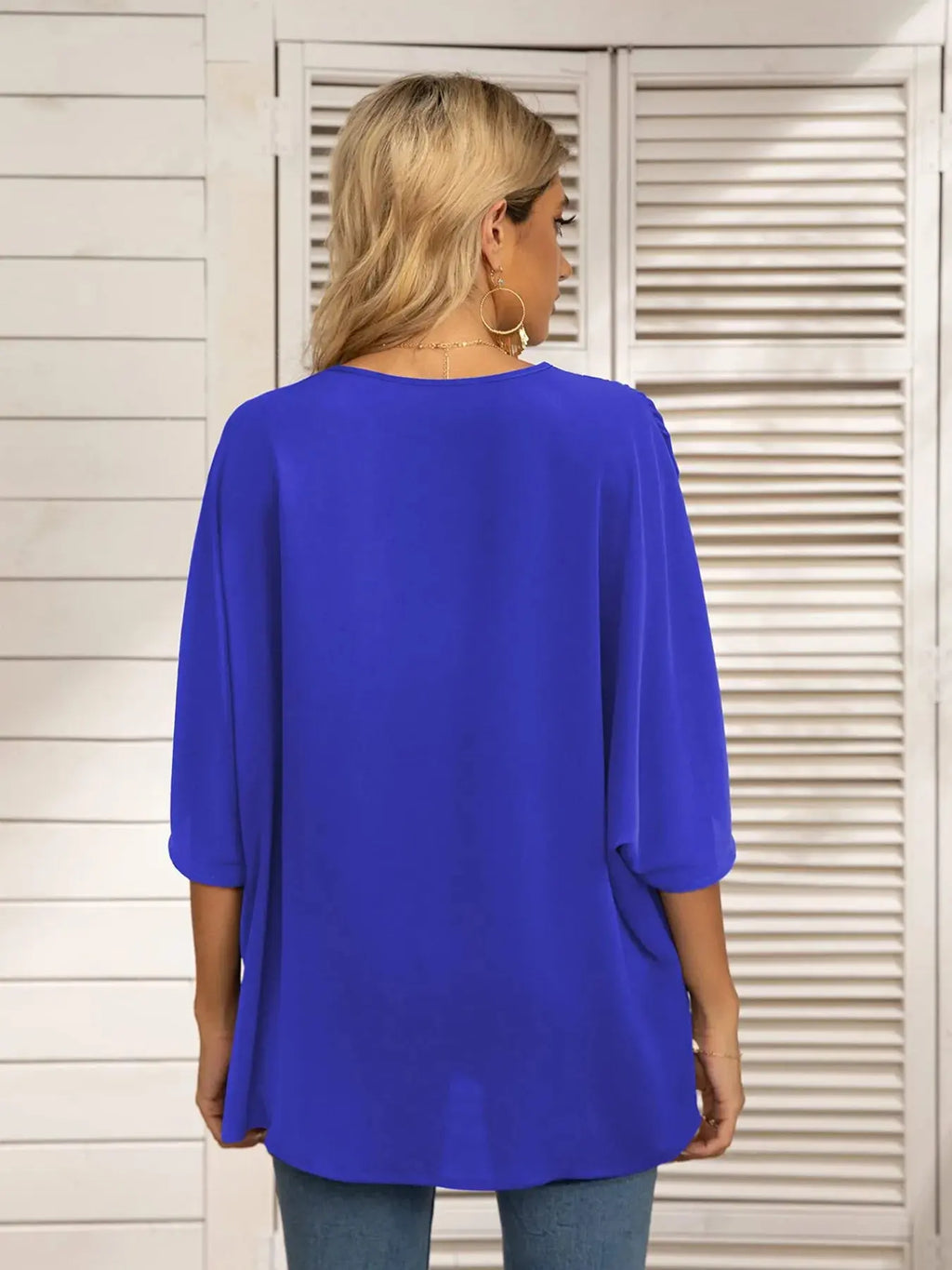 Printed Trim V-Neck Batwing Sleeve Blouse.