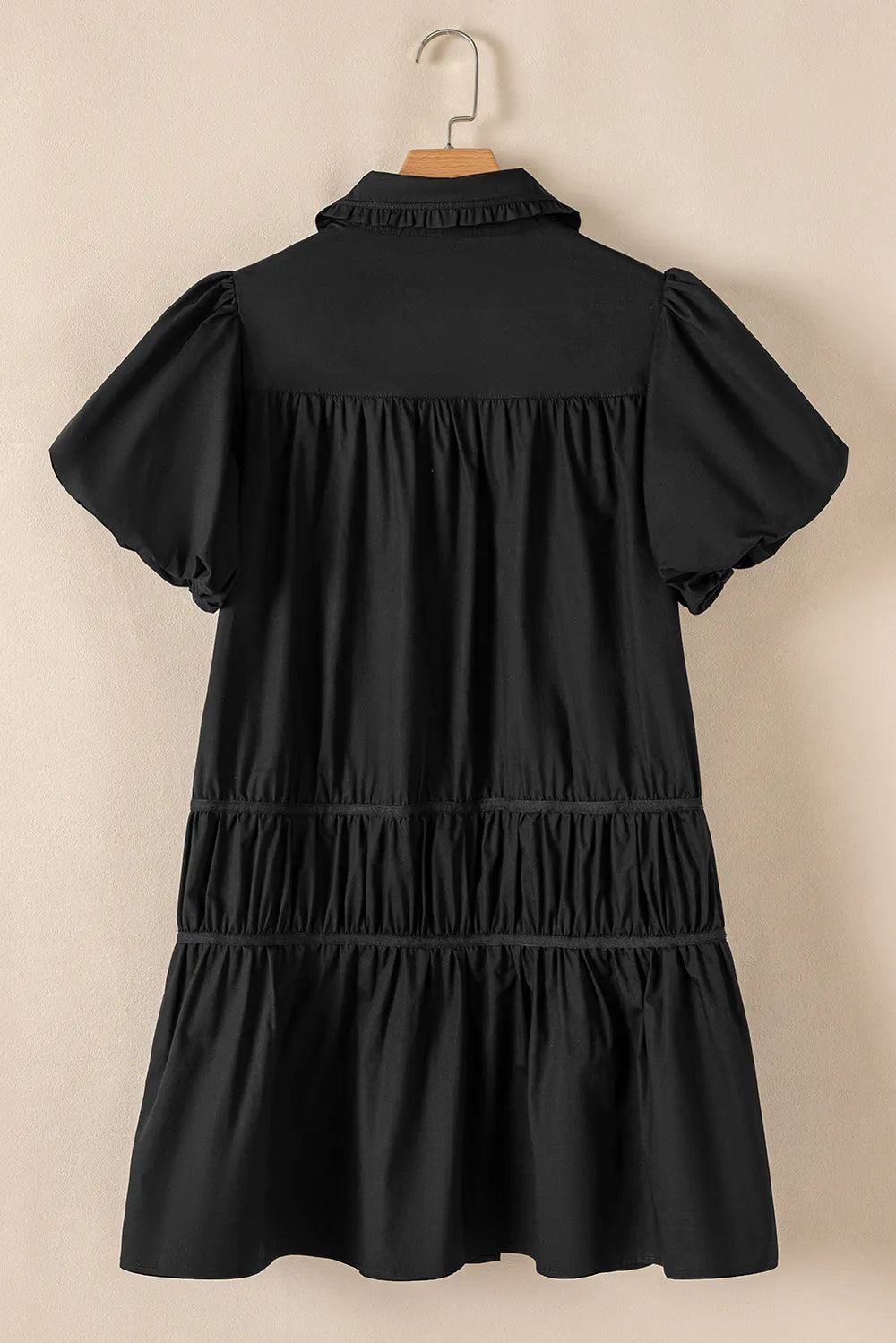 Button Down Puff Sleeve Ruffle Hem Dress.