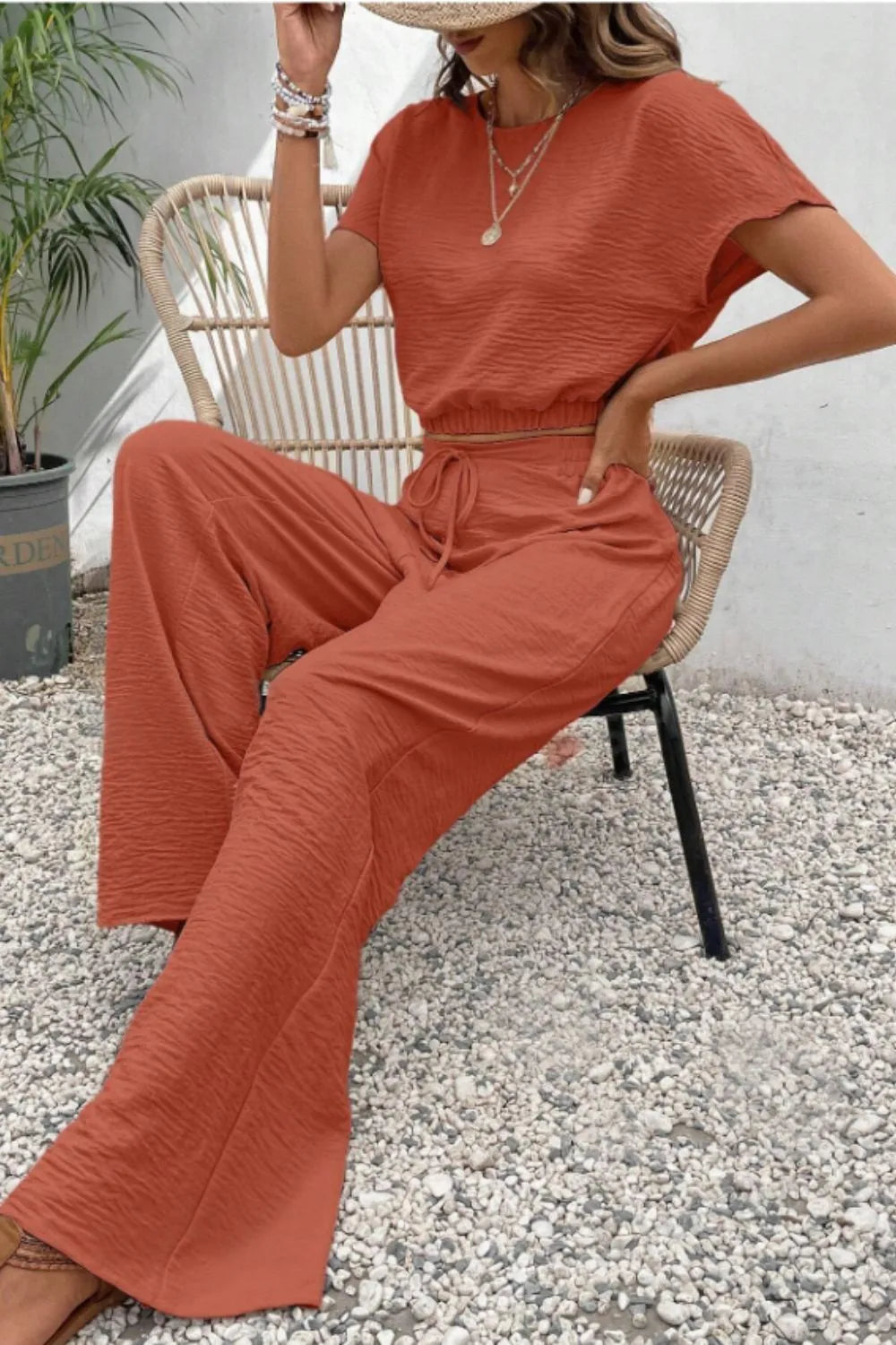 Round Neck Short Sleeve Top and Pants Set - CHIC TB