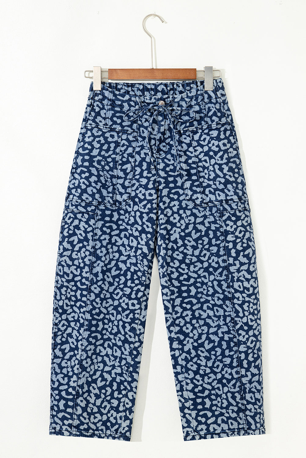 Blue Leopard Printed Drawstring Elastic Waistband Pocketed Wide Leg Jeans Dear-Lover Dropshipping