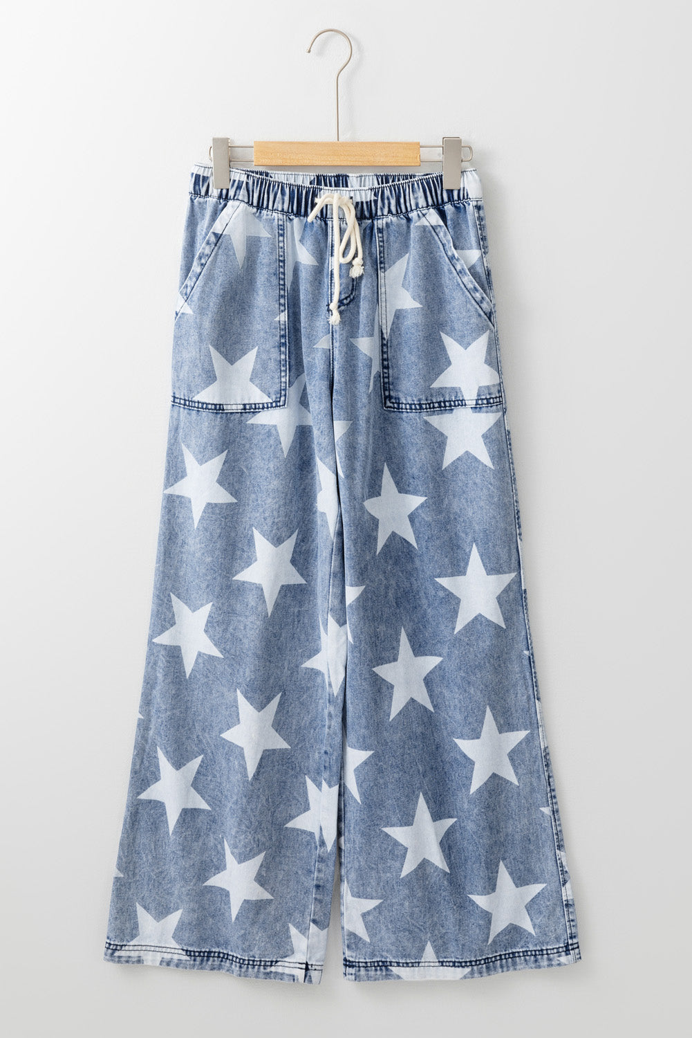 Light Blue Star Print Light Wash Drawstring Elastic Waistband Wide Leg Jeans Dear-Lover Dropshipping