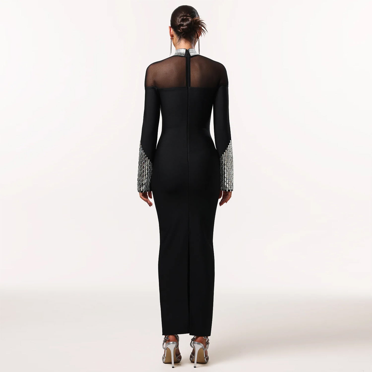 Elegant High Neck Long Sleeve Fitted Sequined Dress for Women