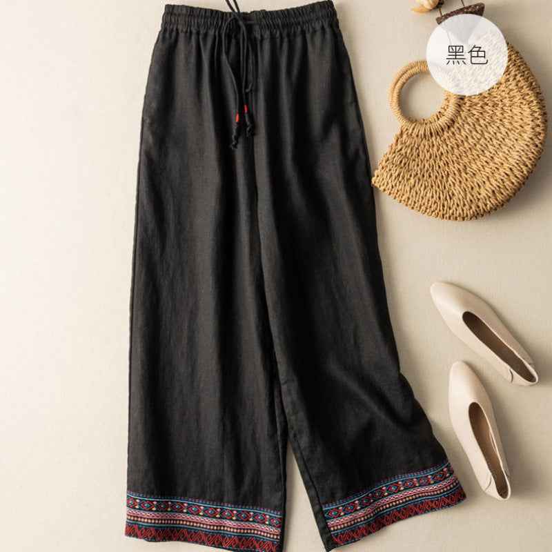 Draping Cotton And Linen Embroidered Wide-leg Pants