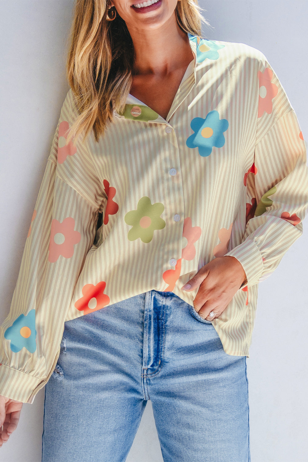 Apricot Stripe Flower Print Collared Button-up Loose Fit Shirt Dear-Lover Dropshipping