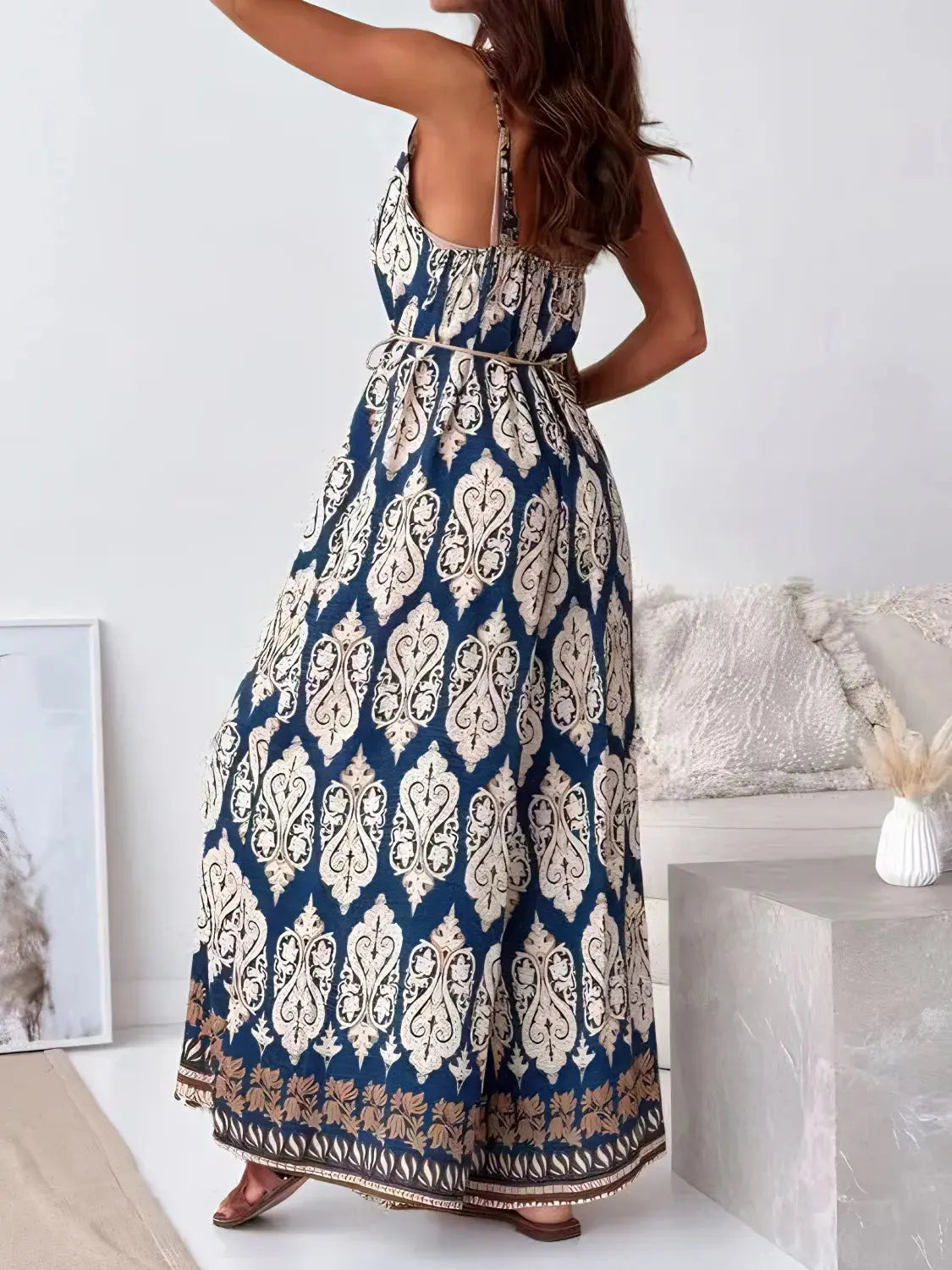 Printed V-Neck Wide Leg Jumpsuit.