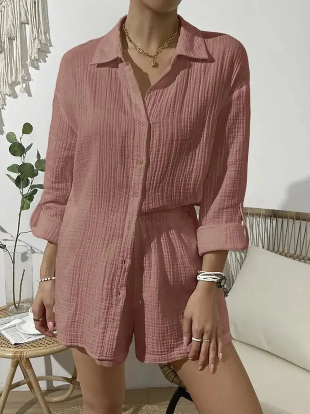 Dropped Shoulder Button Up Top and Elastic Waist Shorts Set - CHIC TB