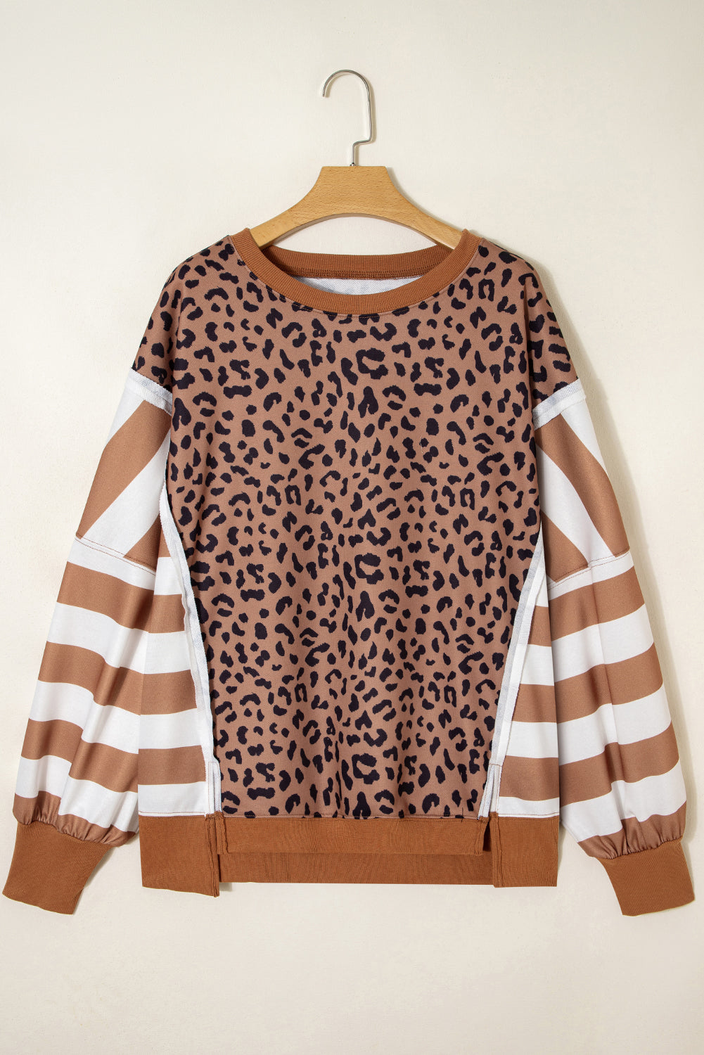 Khaki Leopard Striped Patchwork Plus Size Loose Sweatshirt Dear-Lover Dropshipping