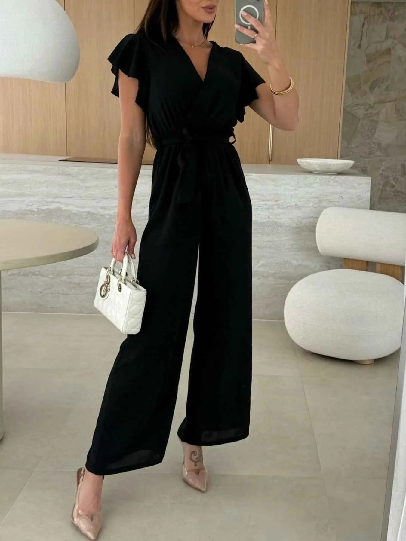 Surplice Wide Leg Belted Jumpsuit