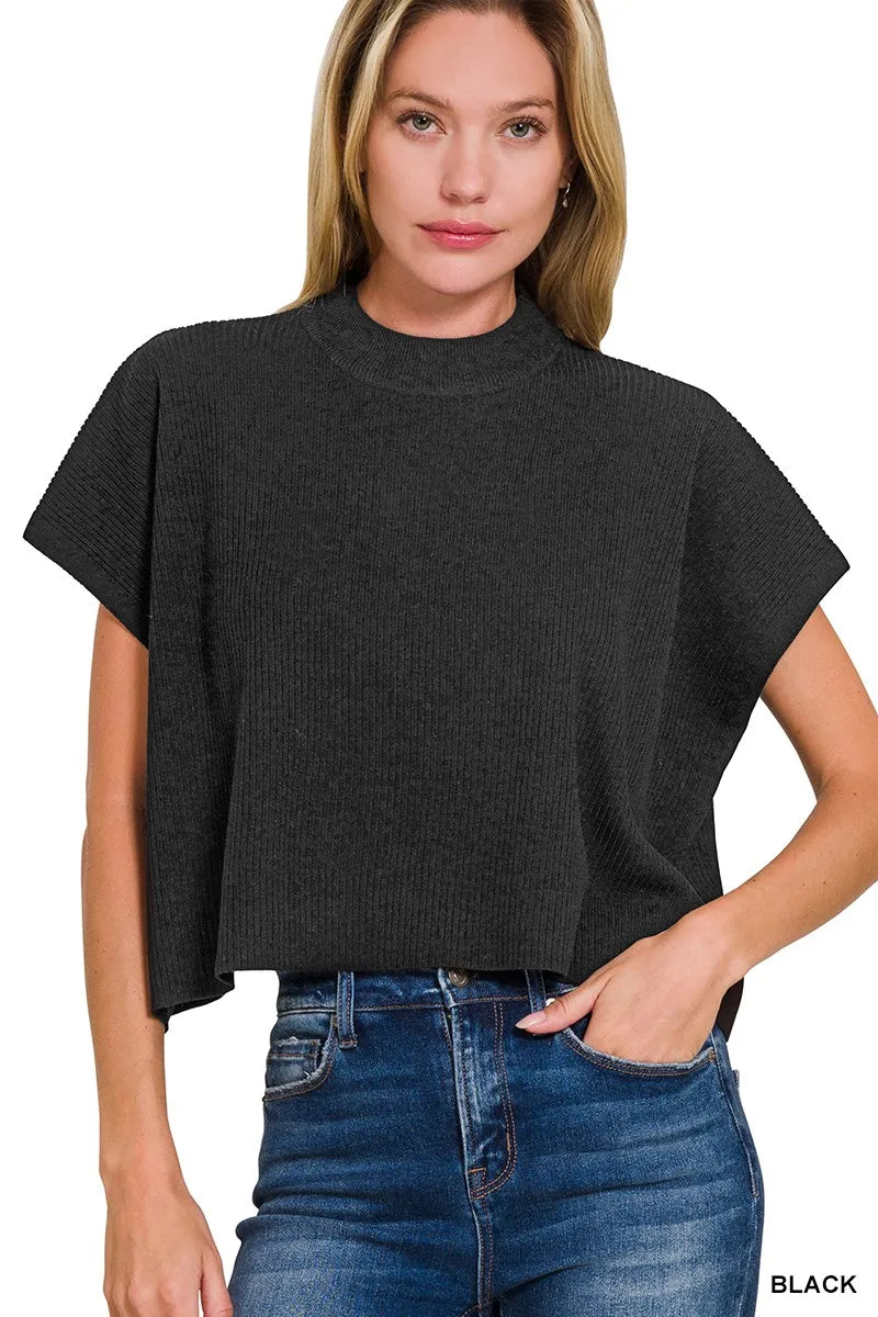 Zenana Viscose Mock Neck Short Sleeve Boxy Sweater.