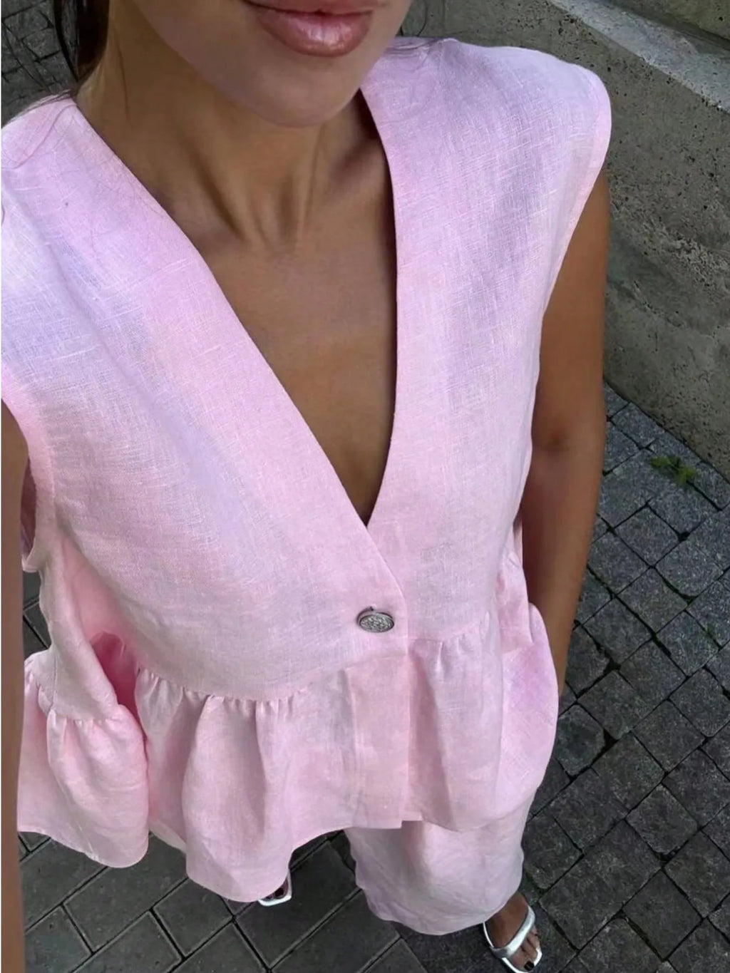 Button Down Peplum Vest and Pants Set.