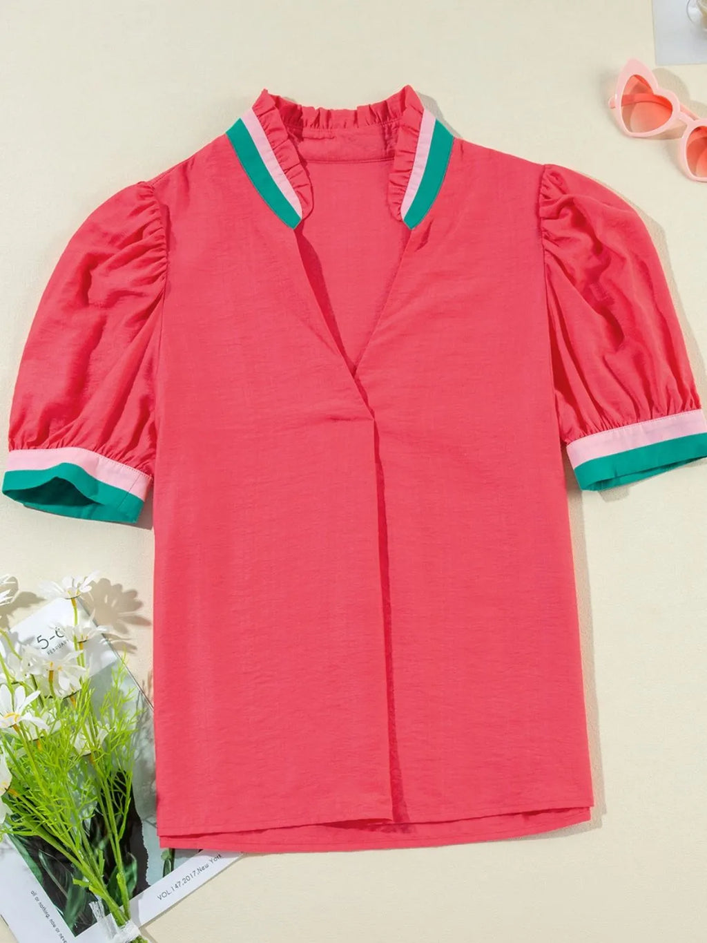 Carrot Colorful Trim V Neck Short Sleeve Blouse.