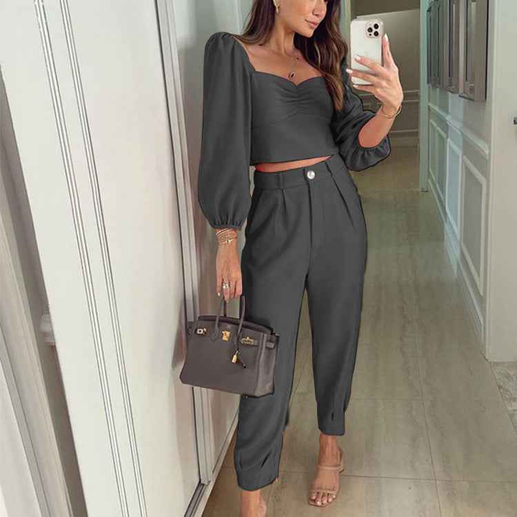 New Autumn And Winter Square Collar Slim Short Top Loose Solid Color Casual Trousers Two-Piece Set For Women