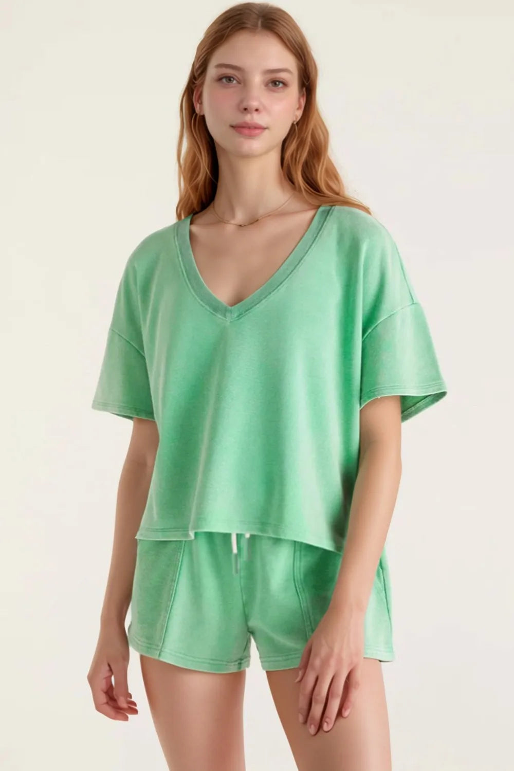 V-Neck Short Sleeve Loose Top and Drawstring Shorts Set.