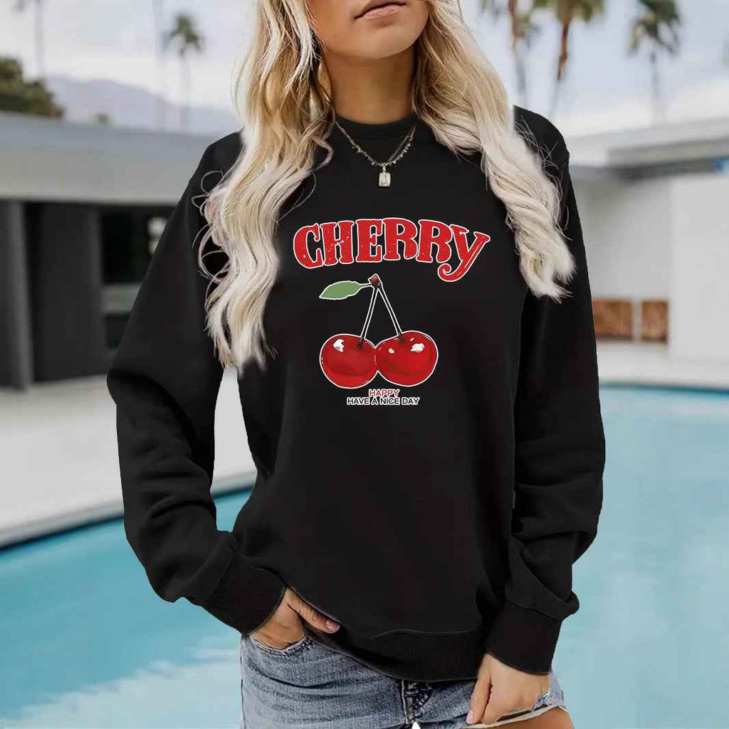Round neck CHERRY cherry print pullover sweatshirt
