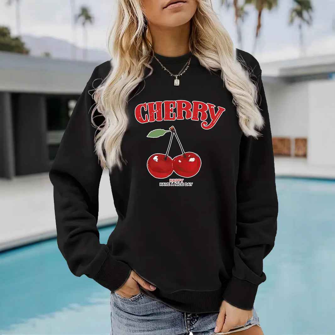 Round neck CHERRY cherry print pullover sweatshirt
