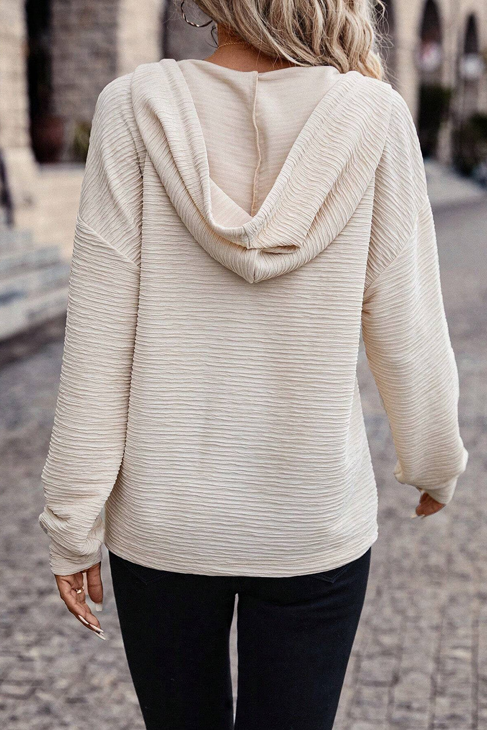Apricot Solid Textured Drawstring Henley Hoodie Dear-Lover Dropshipping