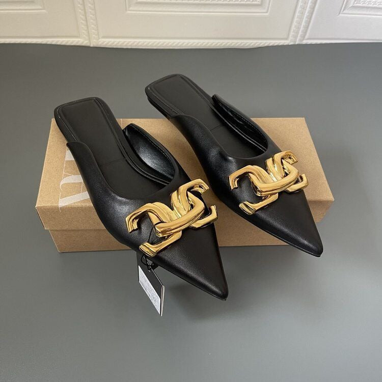 Button pointed flat bottomed wrapped half slippers and sandals for women