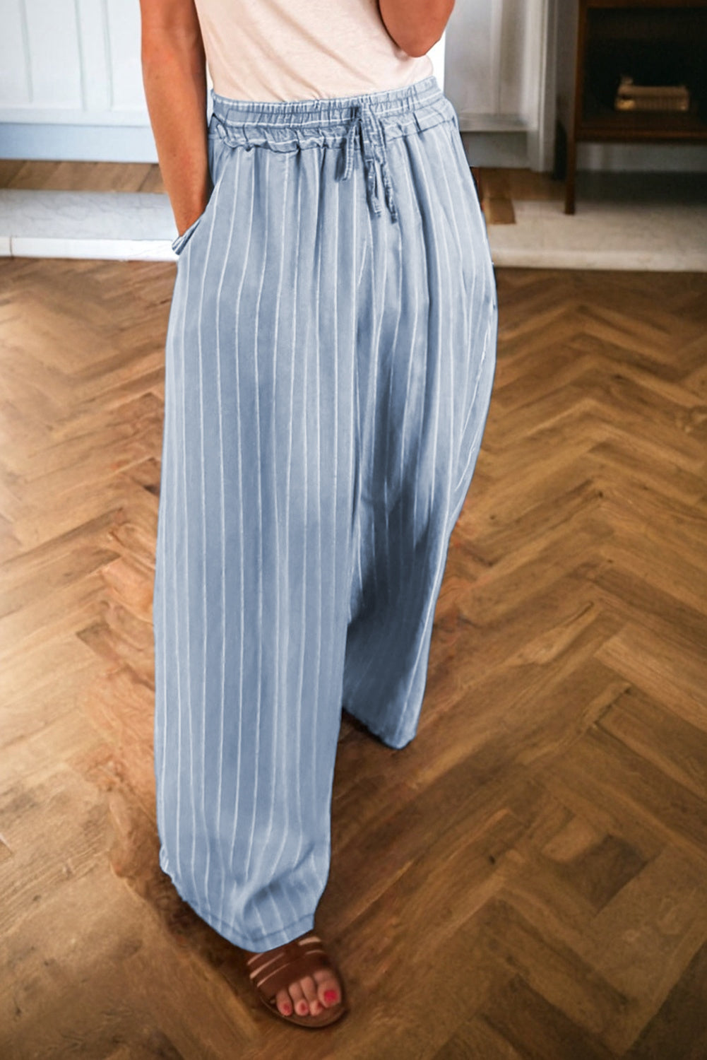 Sky Blue Stripe Chambray Wide Leg Tied Elastic Waist Trousers Dear-Lover Dropshipping