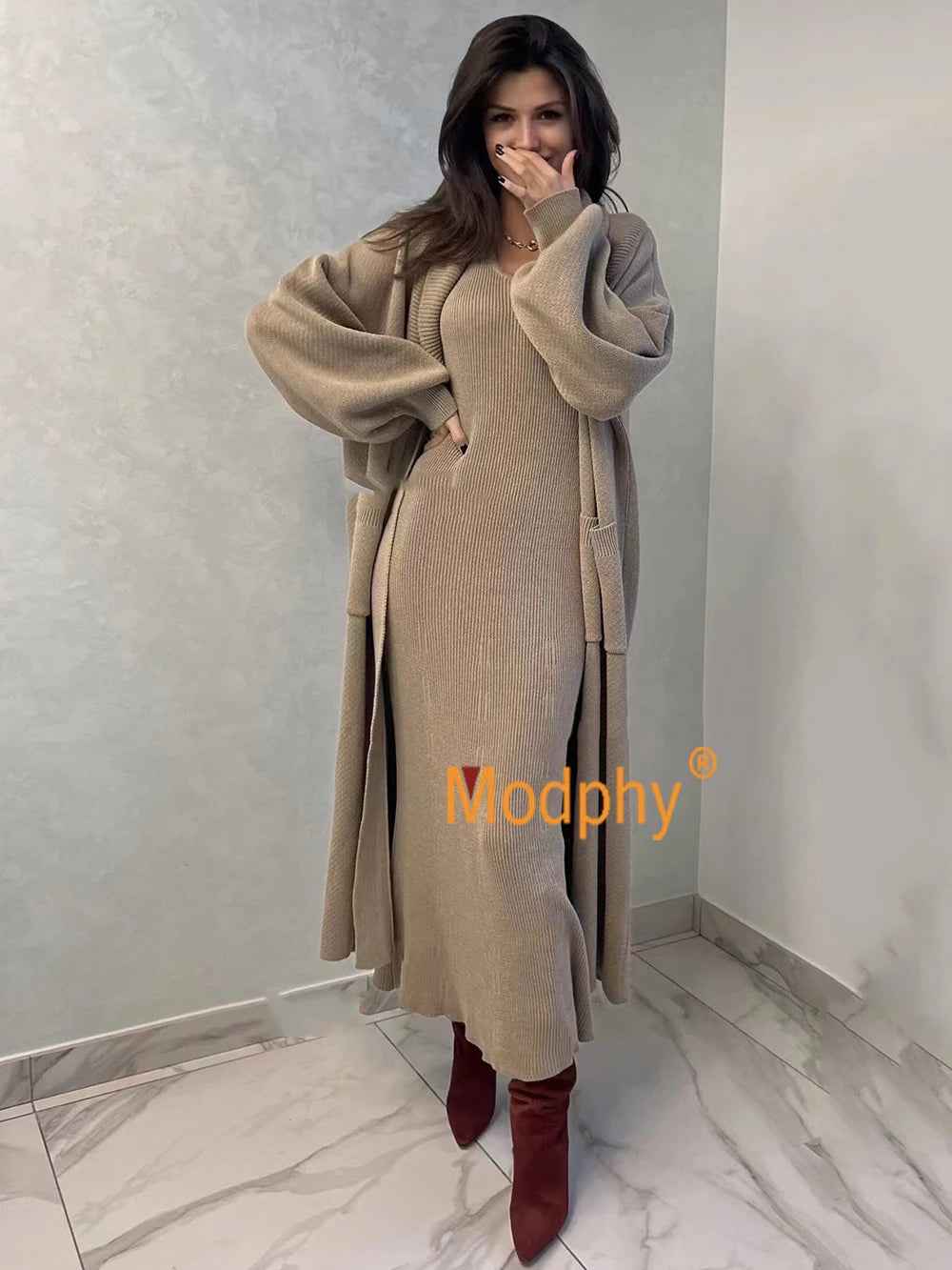 Fashion women's knitted long sleeved cardigan sleeveless dress long casual knitted two-piece set