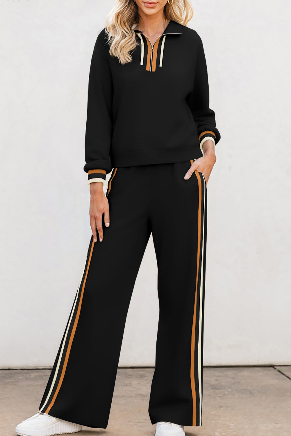 Black Striped Patchwork Quarter Zip Pullover Loose Pant Set Dear-Lover Dropshipping