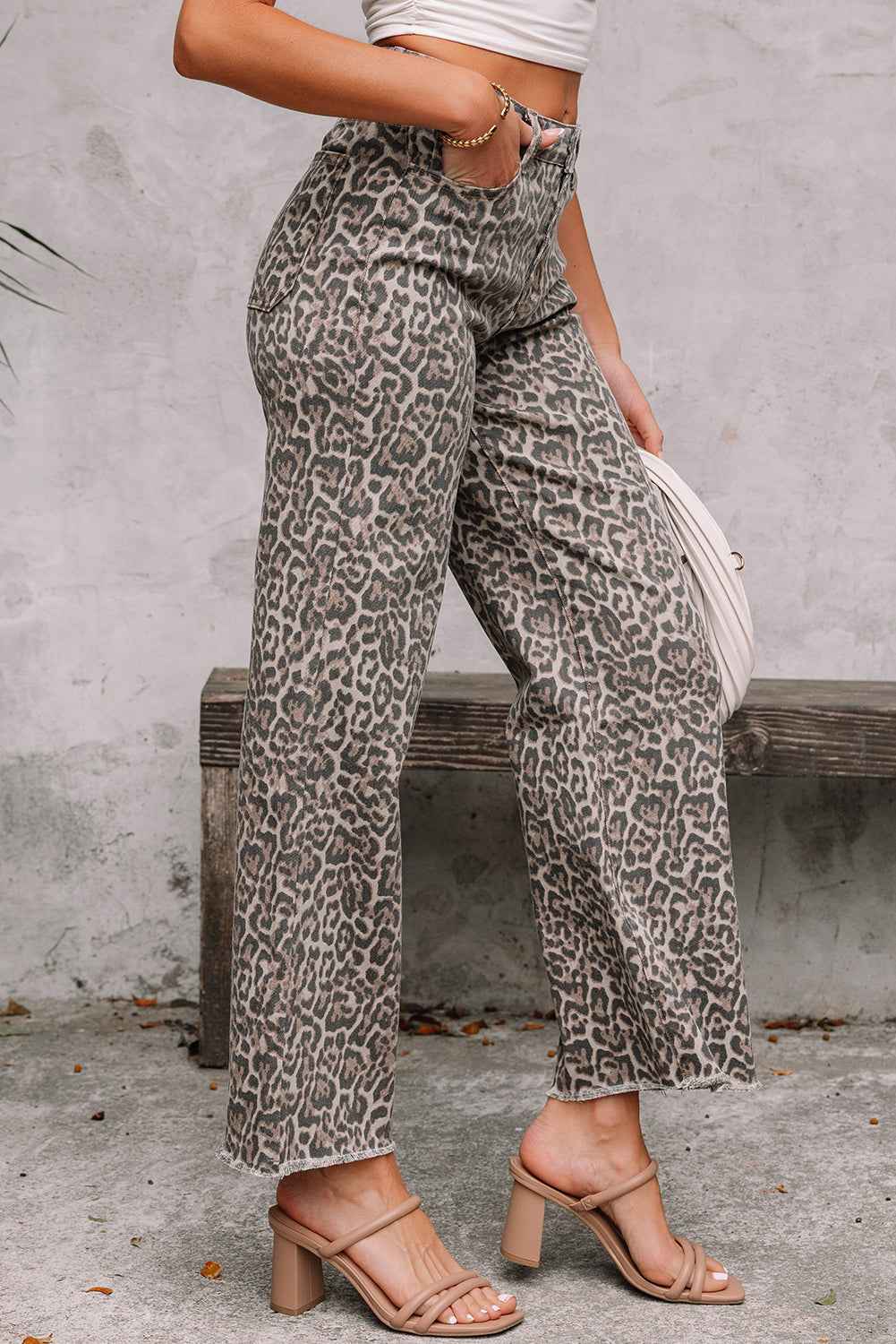 Brown Leopard Frayed Edge Wide Leg High Waist Jeans