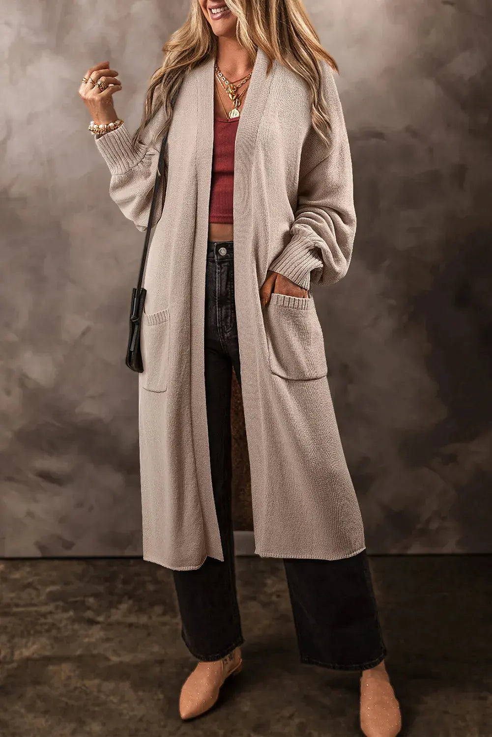 Pocketed Open Front Long Sleeve Cardigan.