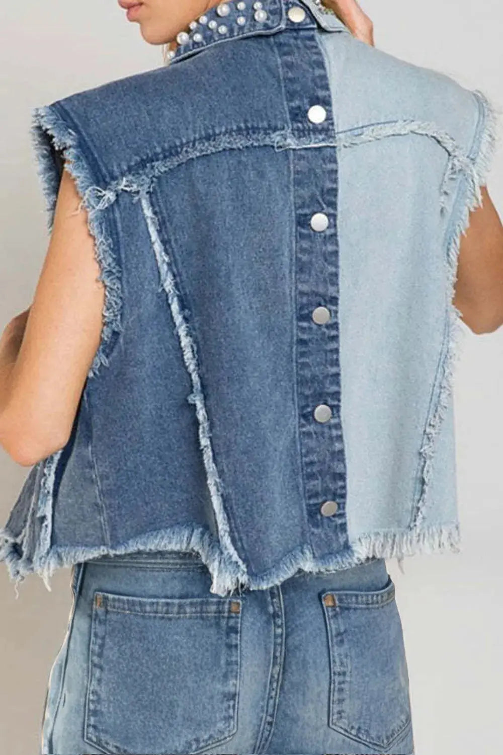Pearl Raw Hem Sleeveless Denim Jacket.