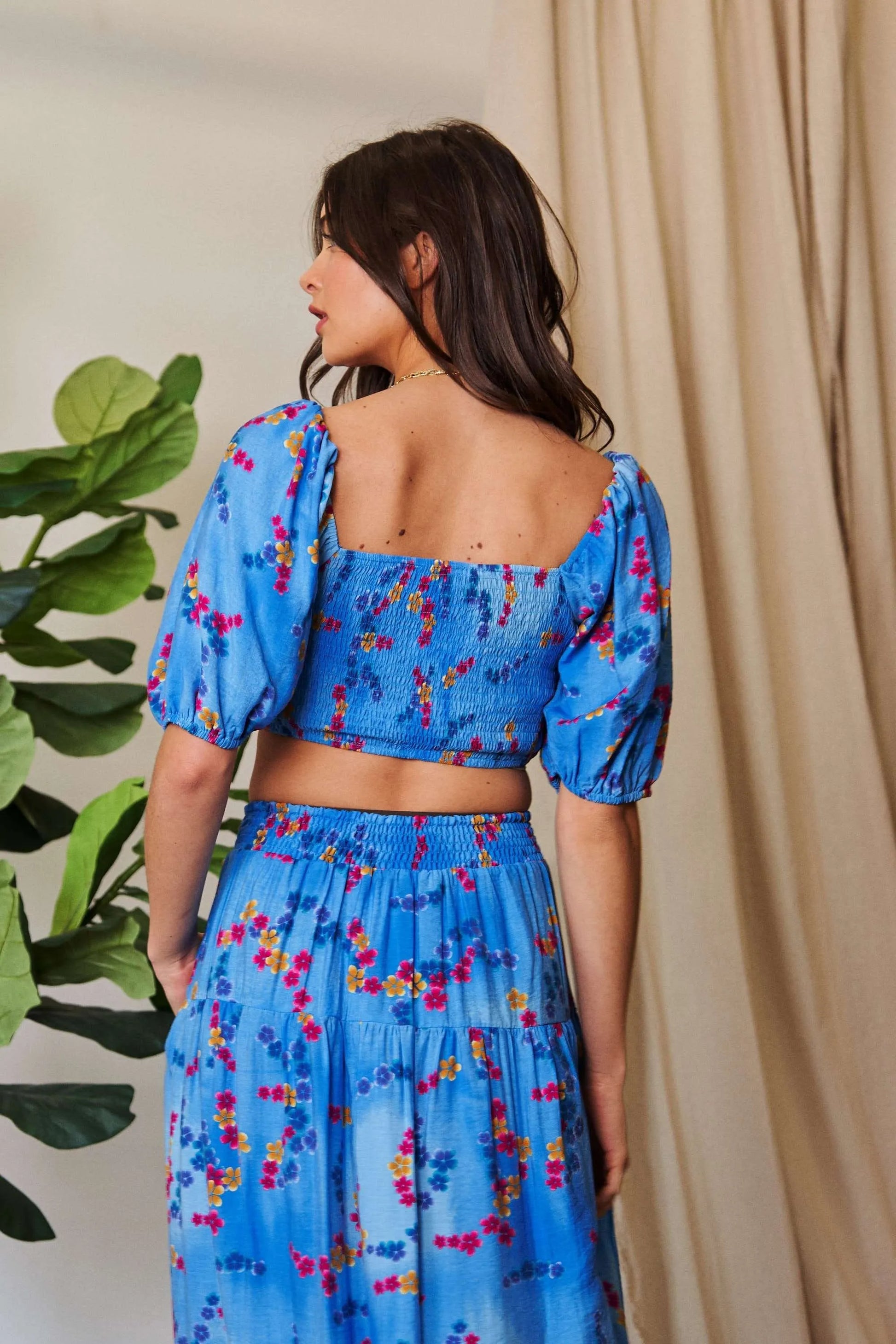 Davi & Dani Smocing Bodice Puff Short Sleeve Printed Crop Top - CHIC TB