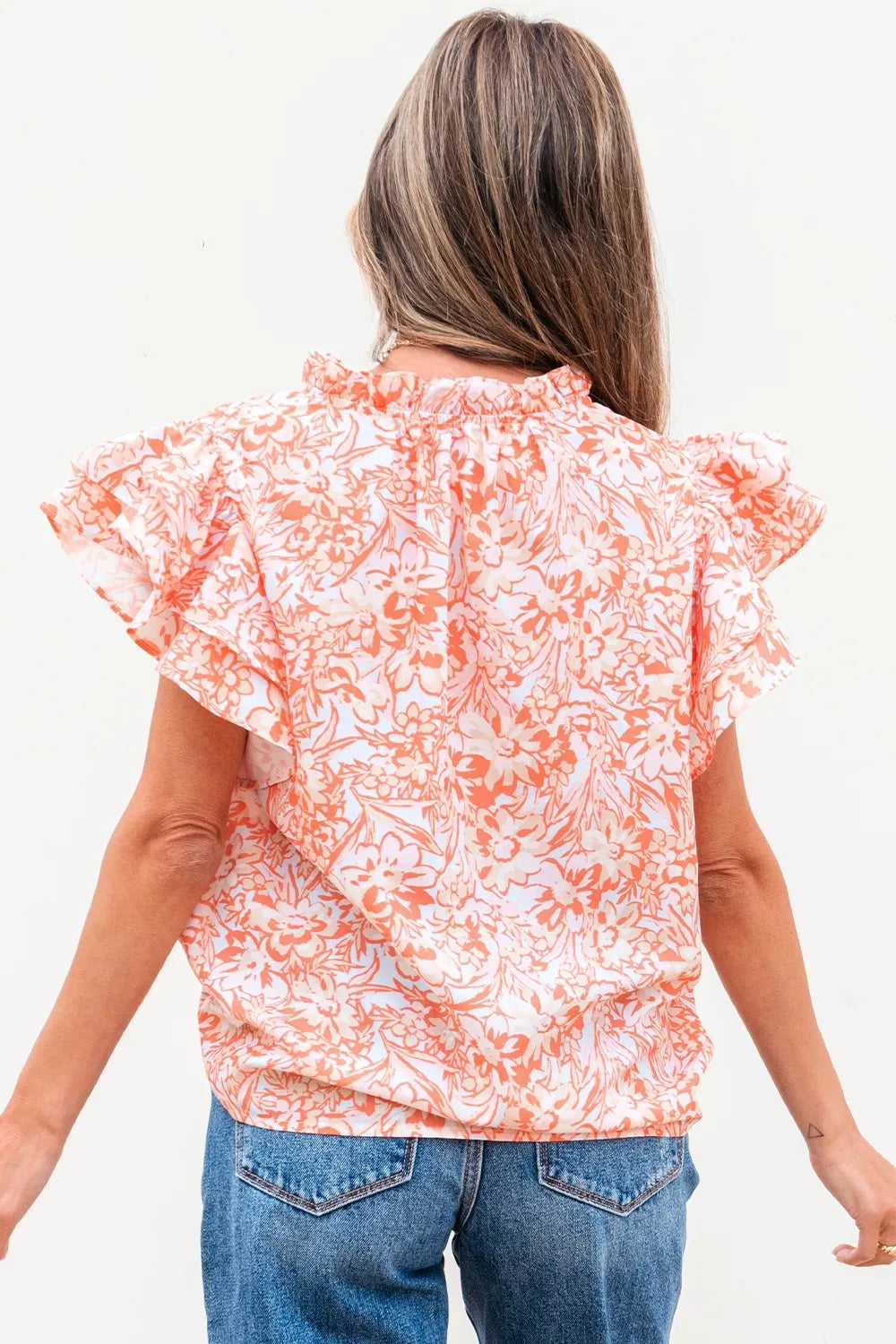 Floral Ruffle Sleeve Split Neck Blouse.