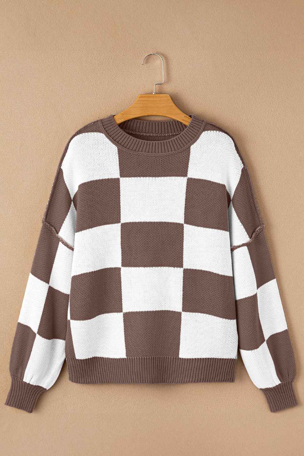 Dark Brown Checkered Bishop Sleeve Sweater
