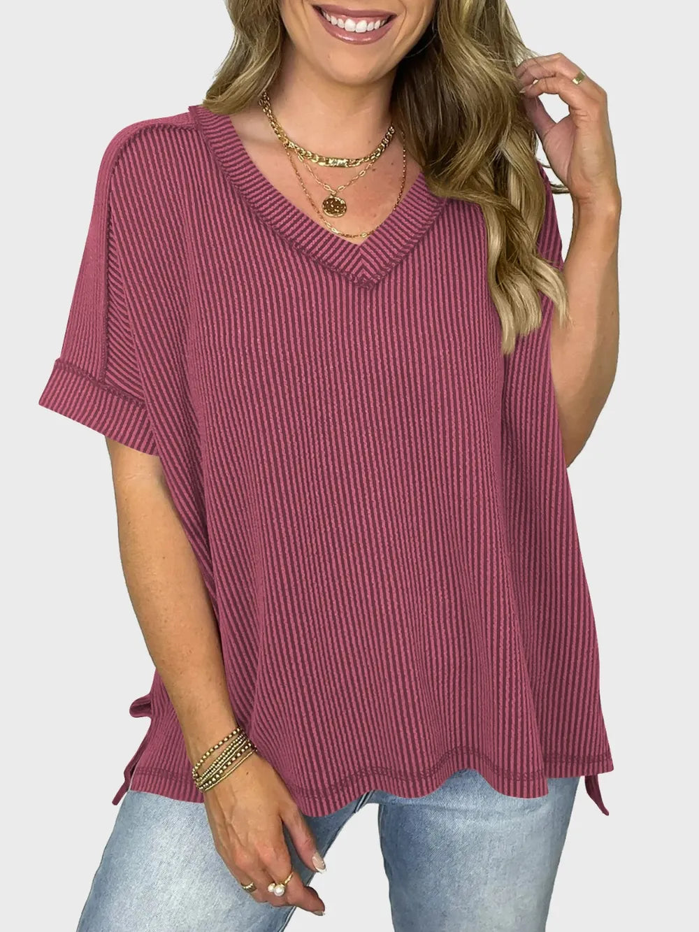 Lovelet Texture V-Neck Half Sleeve T-Shirt.