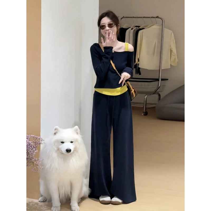 Color Block False Two-Piece  Shoulder T-Shirt for Women, Early  Style Casual Sporty Two-Piece Set